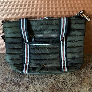 Quilted Olive Green Tote with Striped Webbing Handles